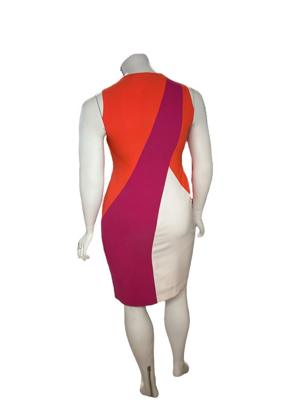 Back view of Anne Klein orange, pink, and white color block dress, size 12. Fitted silhouette with bold diagonal paneling for a flattering look.