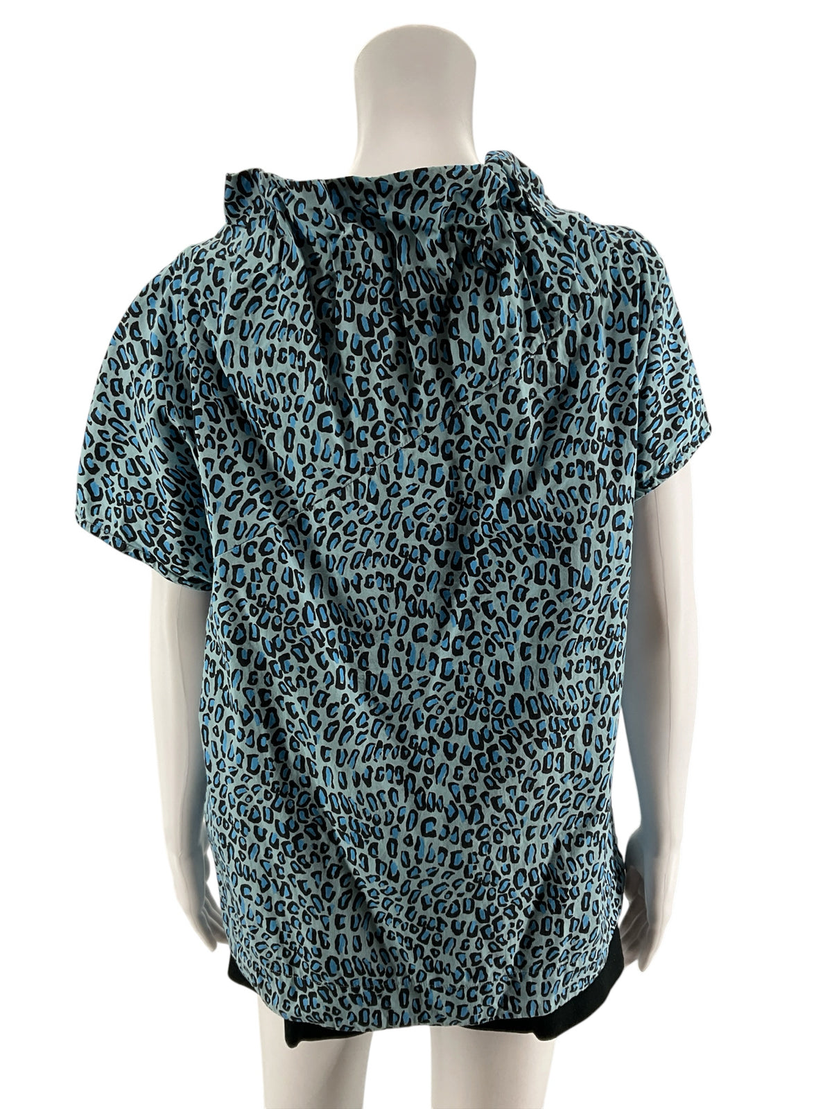 Sara Campbell Blue Leopard Print Ruffle Neck Top | Size XL