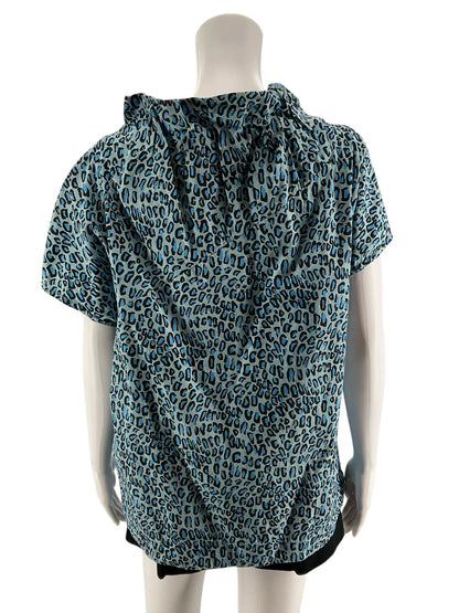 Sara Campbell Blue Leopard Print Ruffle Neck Top | Size XL