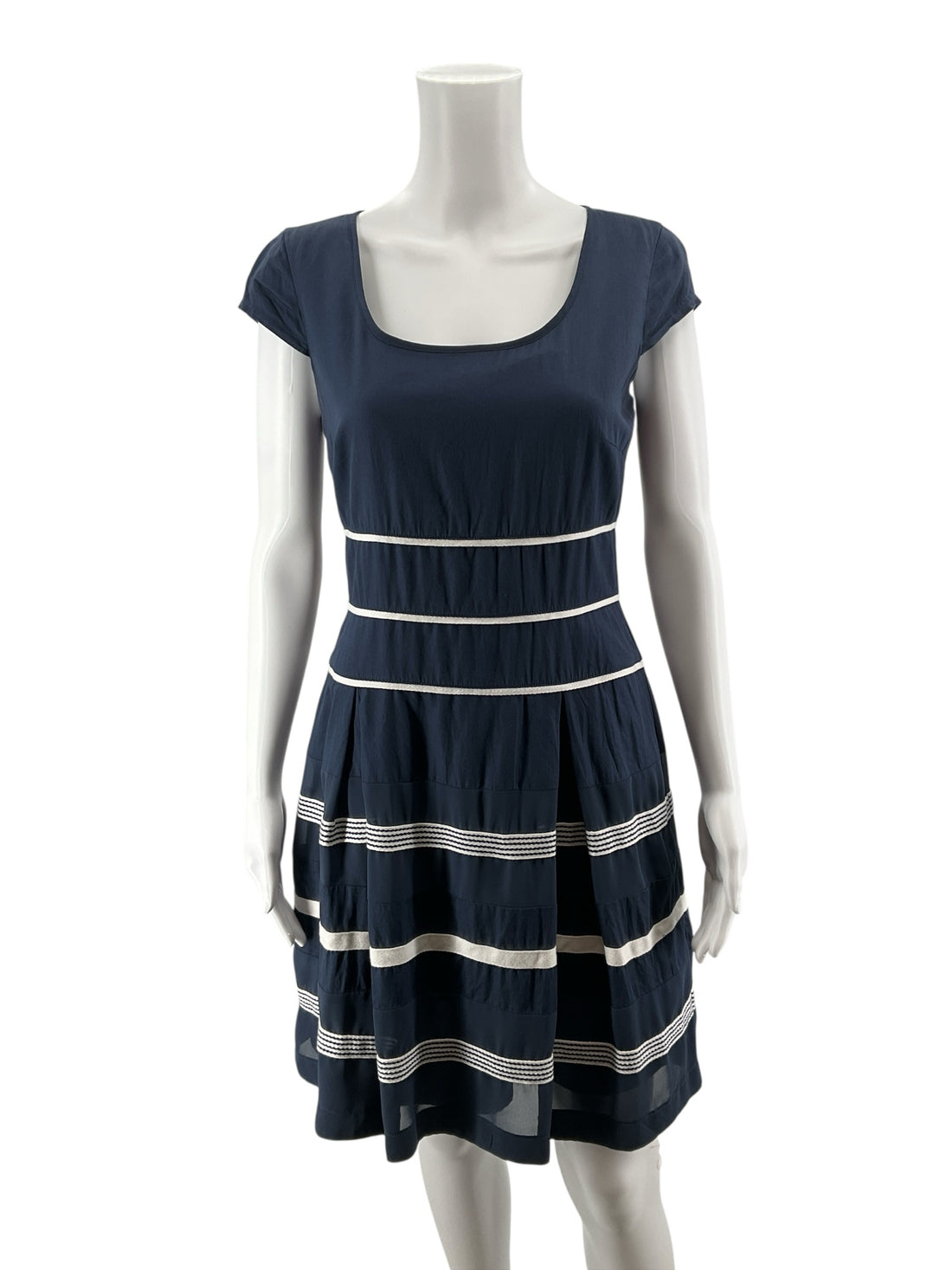 Ann Taylor Nautical Stripe Tiered Cotton Dress Navy White | Size 2