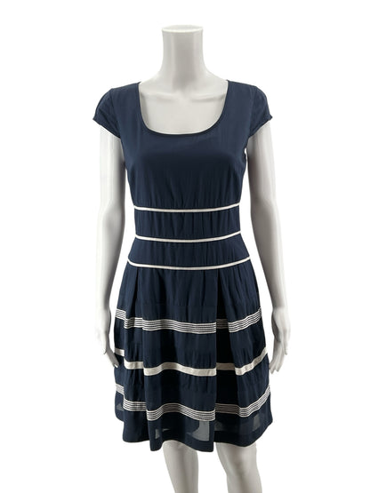 Ann Taylor Nautical Stripe Tiered Cotton Dress Navy White | Size 2