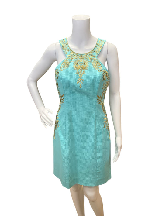 Lilly Pulitzer Size 2 Aqua/Gold Embroidered Pre-Owned Ladies Dress