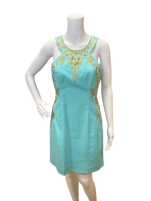 Front view of pre-owned Lilly Pulitzer aqua and gold embroidered sleeveless dress, Size 2, available at Margaret’s Fine Consignments.