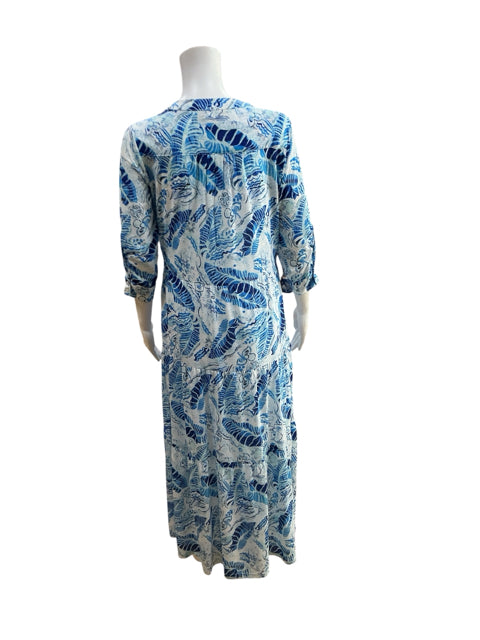 Tango Mango Blue Leaf Print Tiered Shirt Dress Petite Small - ONLY ONLINE
