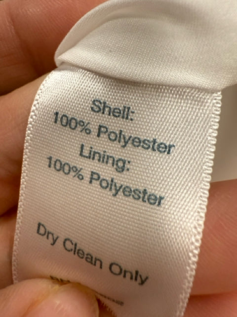 Close-up of fabric care label showing 100% polyester shell and lining with dry clean only instructions for Sail to Sable dress.