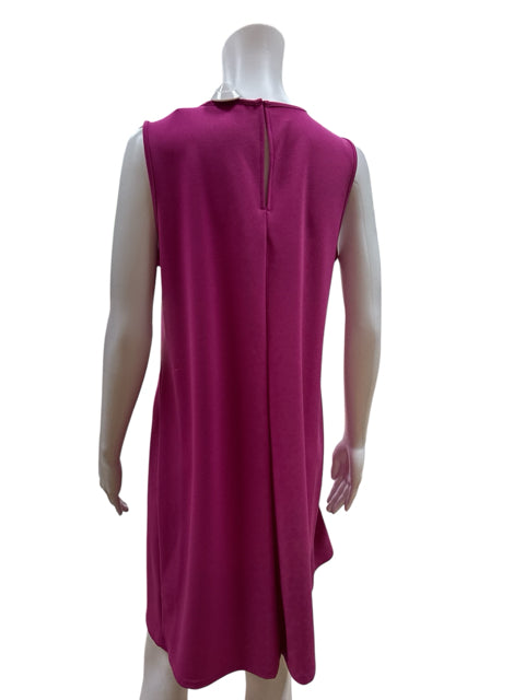 Back view of Spence Fuchsia Pink Asymmetrical Ruffle Sheath Cocktail Dress Size 8 on a mannequin, featuring a concealed zipper and clean finish.