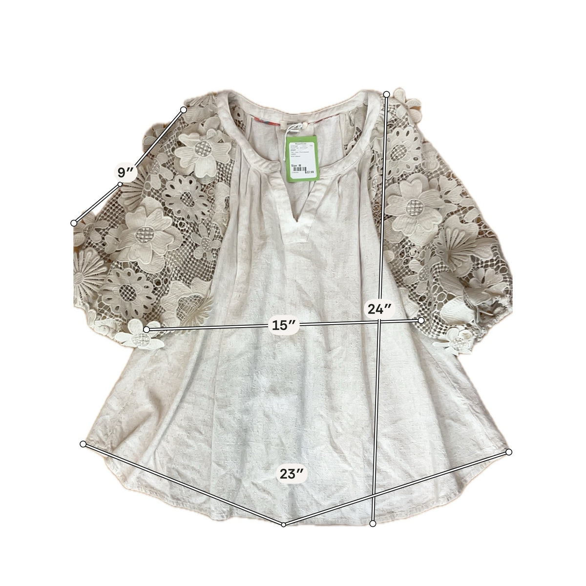 Umgee Tan Linen Cotton Boho Top with Lace Floral Sleeves Size Medium - ONLINE ONLY