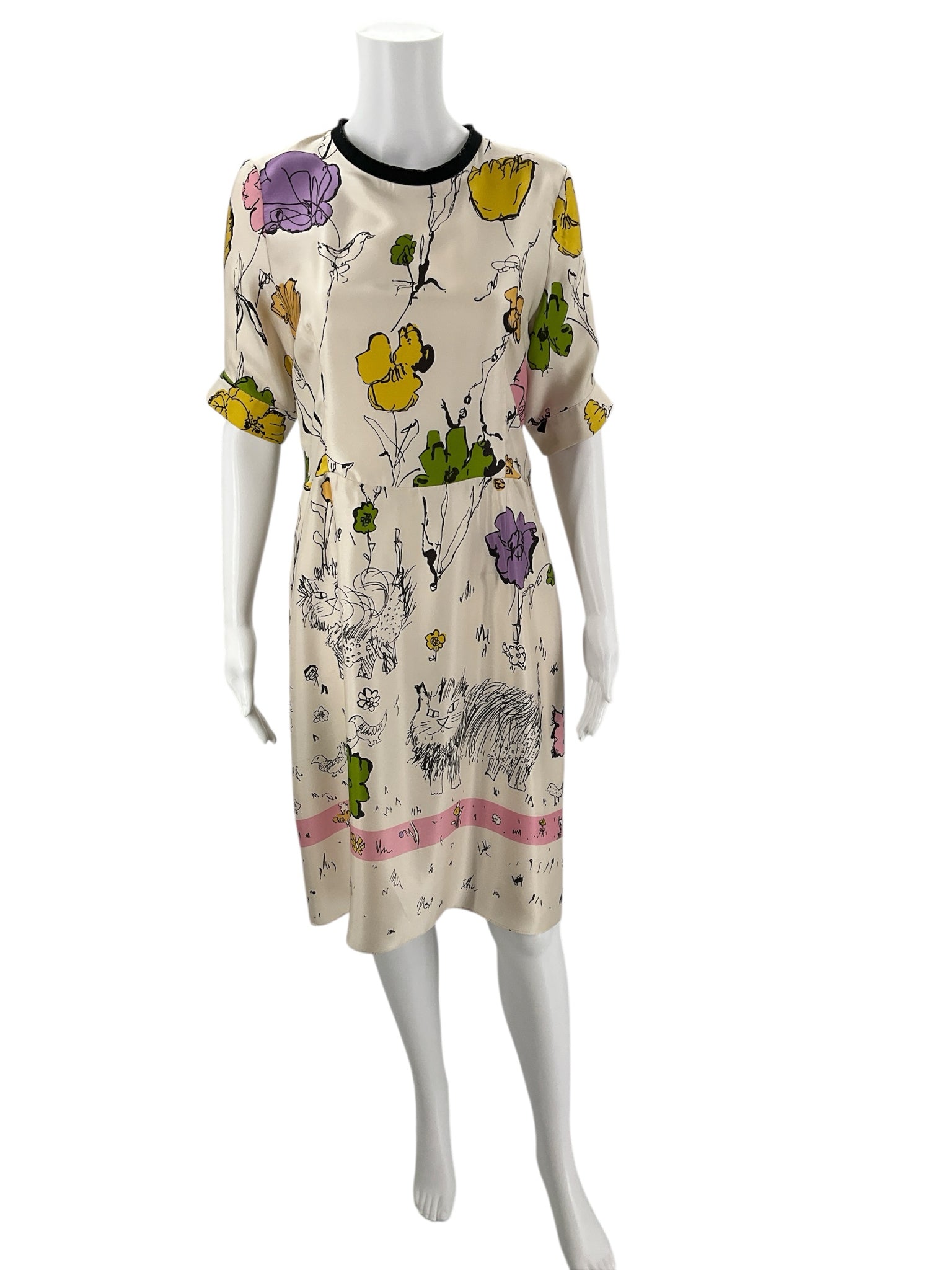 Marni Cream/Multi Floral Dress Size Medium with colorful floral print and black neckline, pre-owned and gently used designer fashion.