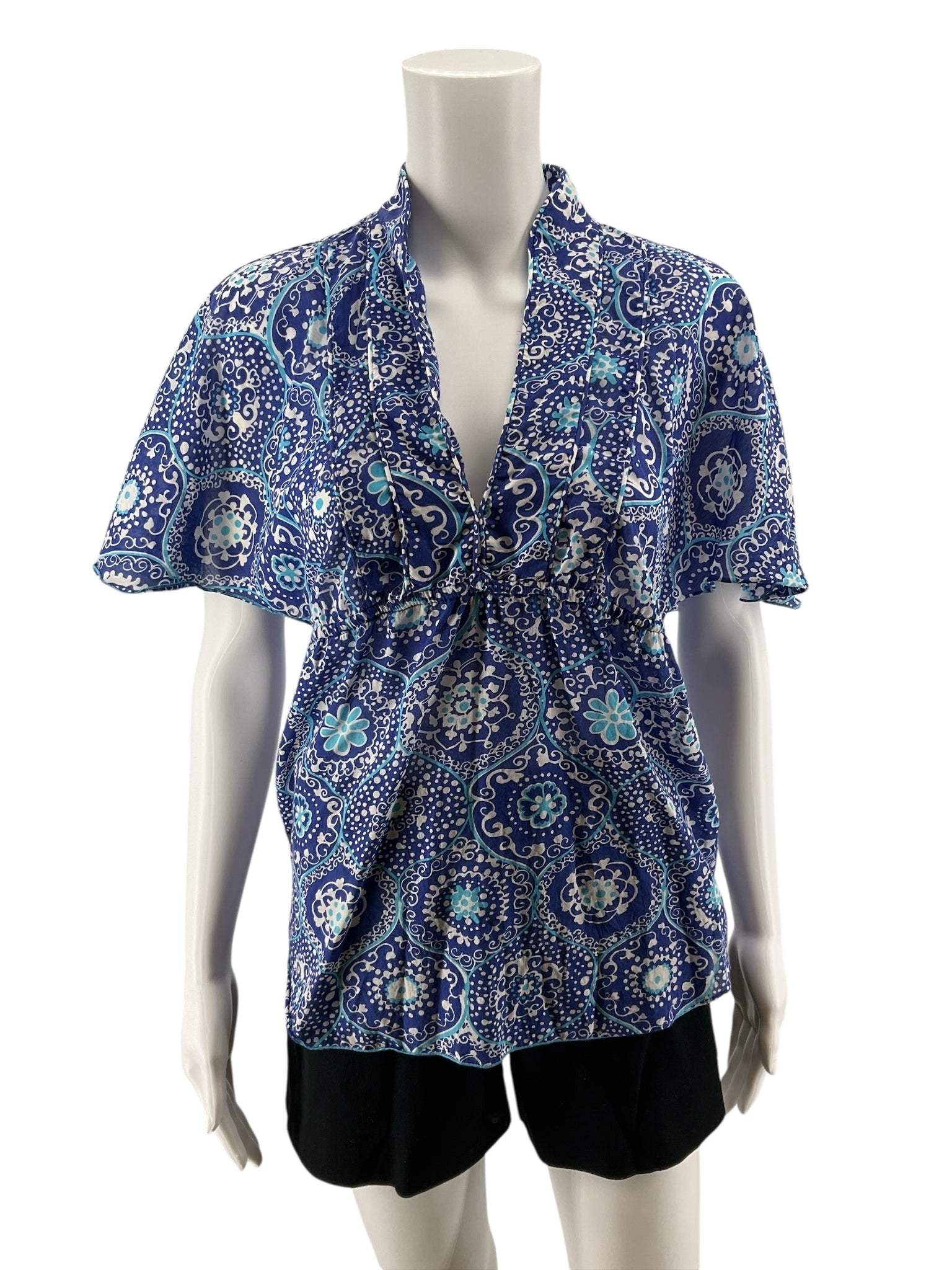 Trina Turk Fanciful Medallion Print Silk Cotton Blend Top Blue White Size Small