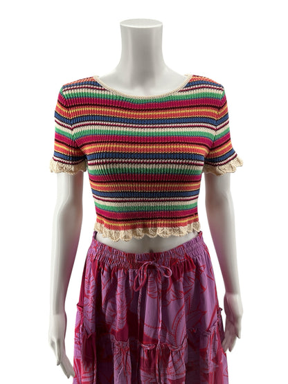 Romeo &amp; Juliet Couture Rainbow Striped Knit Crop Top Scallop Trim Size Medium