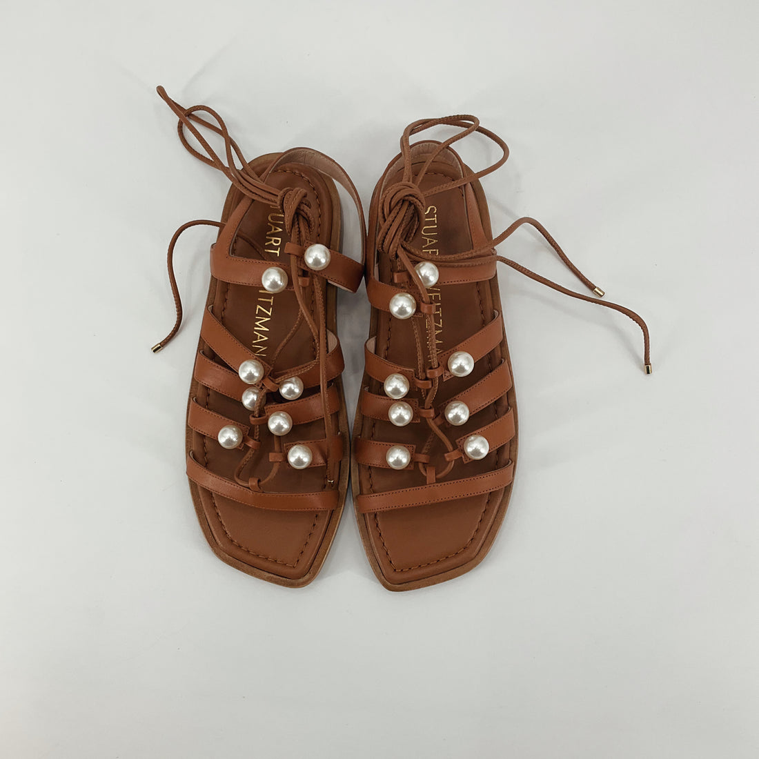 Stuart Weitzman Goldie Pearl Lace-Up Gladiator Sandals Tan Leather Size 6.5 NWT