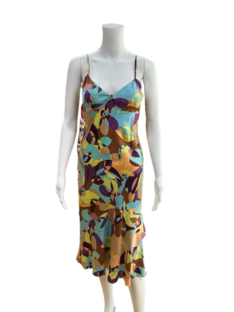 Express Brown/Multi Print Pre-Owned Ladies Dress - Size 3/4 displayed on mannequin. 100% silk midi slip dress with bias cut and vibrant floral pattern.