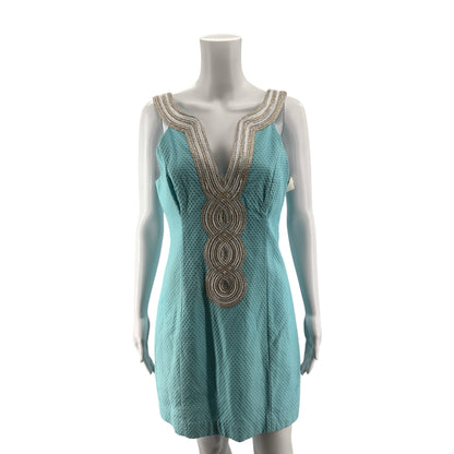 Lilly Pulitzer Kenzie Dress Size 6 Resort Aqua Gold Beaded V-Neck Mini