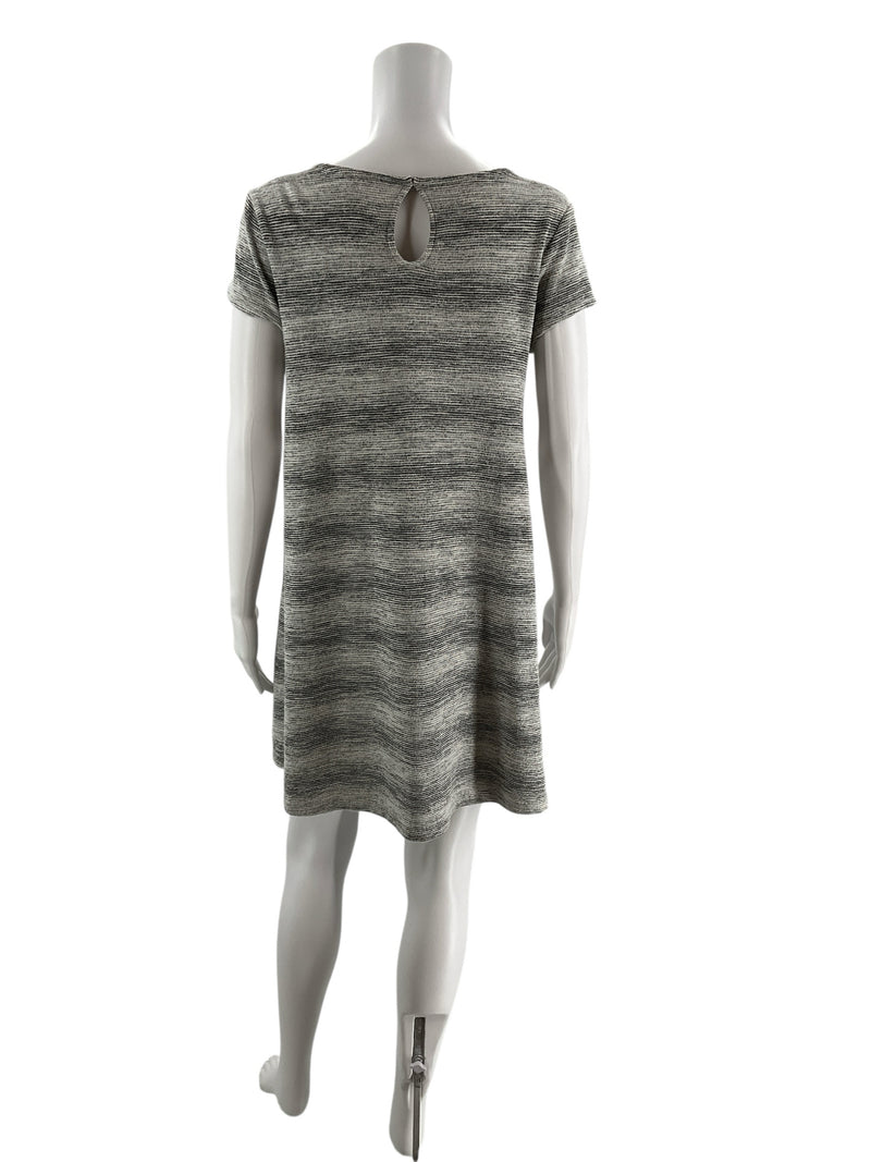 Back view of Mossimo Supply Co. gray space dye dress featuring keyhole back detail, short sleeves, and soft knit fabric in size medium.