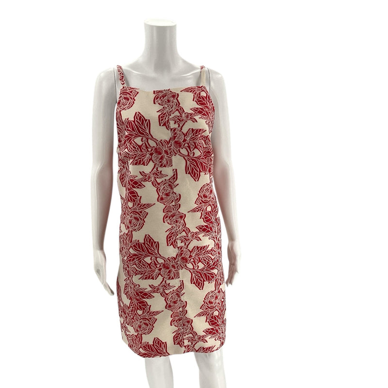 THML white/red floral sleeveless dress in size large with bold floral print, pre-owned from Anthropologie. Ideal for casual or cocktail wear.