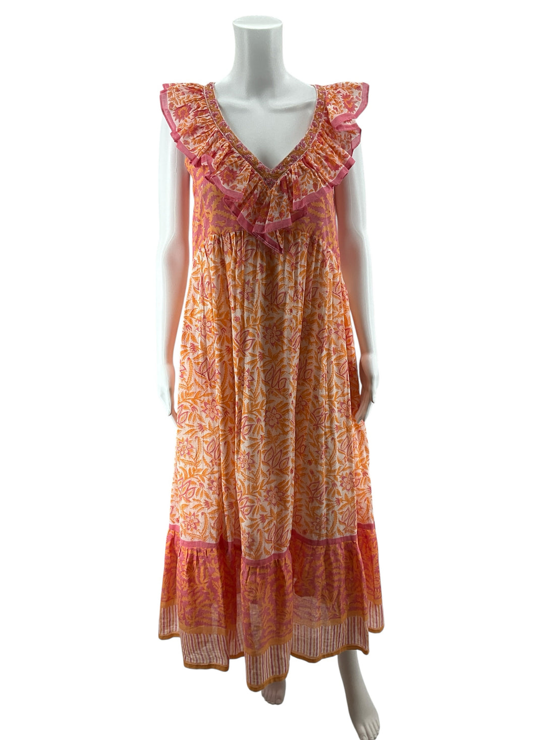Bella Tu Tiered Floral Block Print Maxi Dress XS Cotton Bohemian