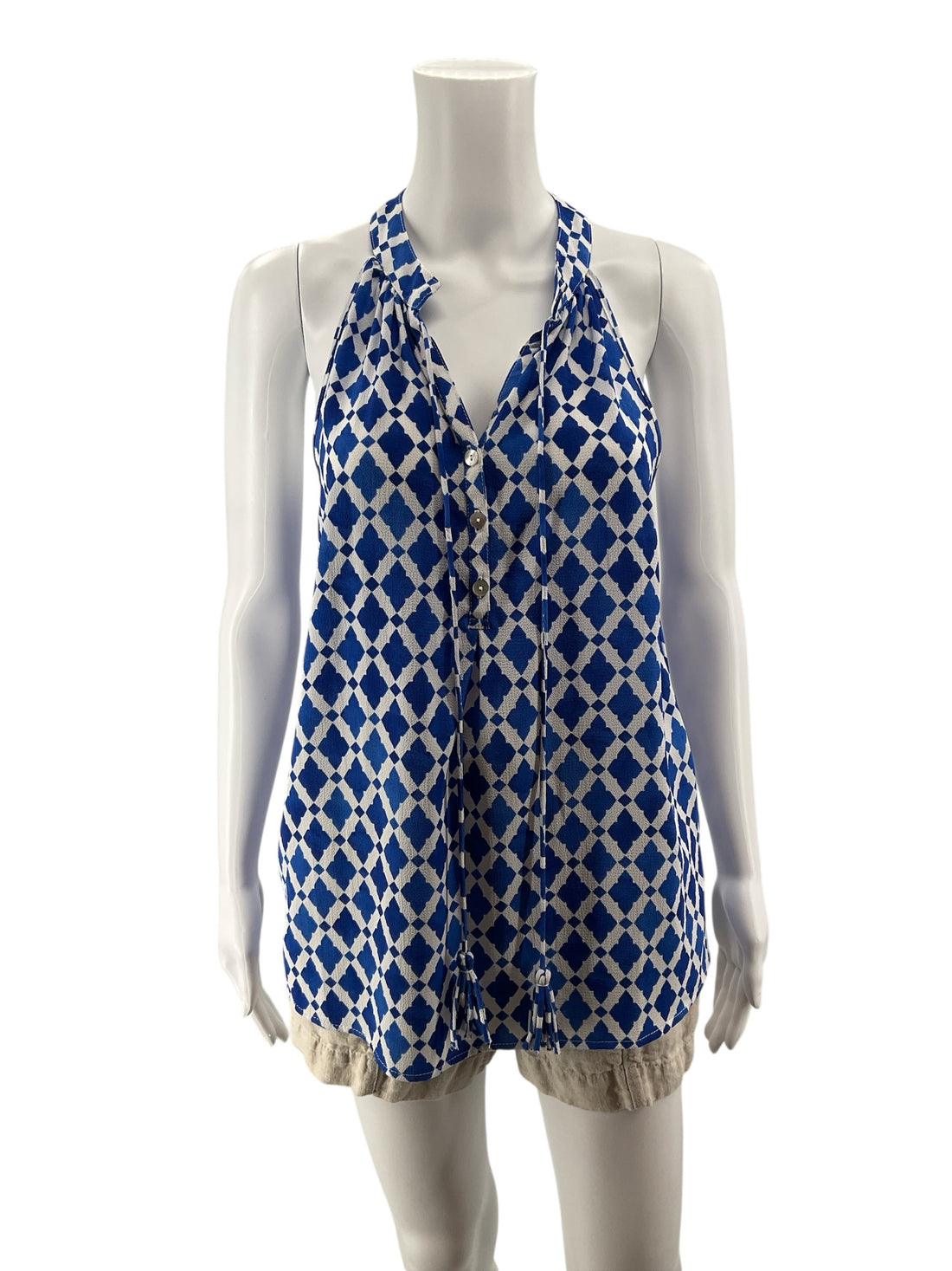 Mud Pie Mahalaya Halter Tunic Top Blue White Geometric Print Tassel Small