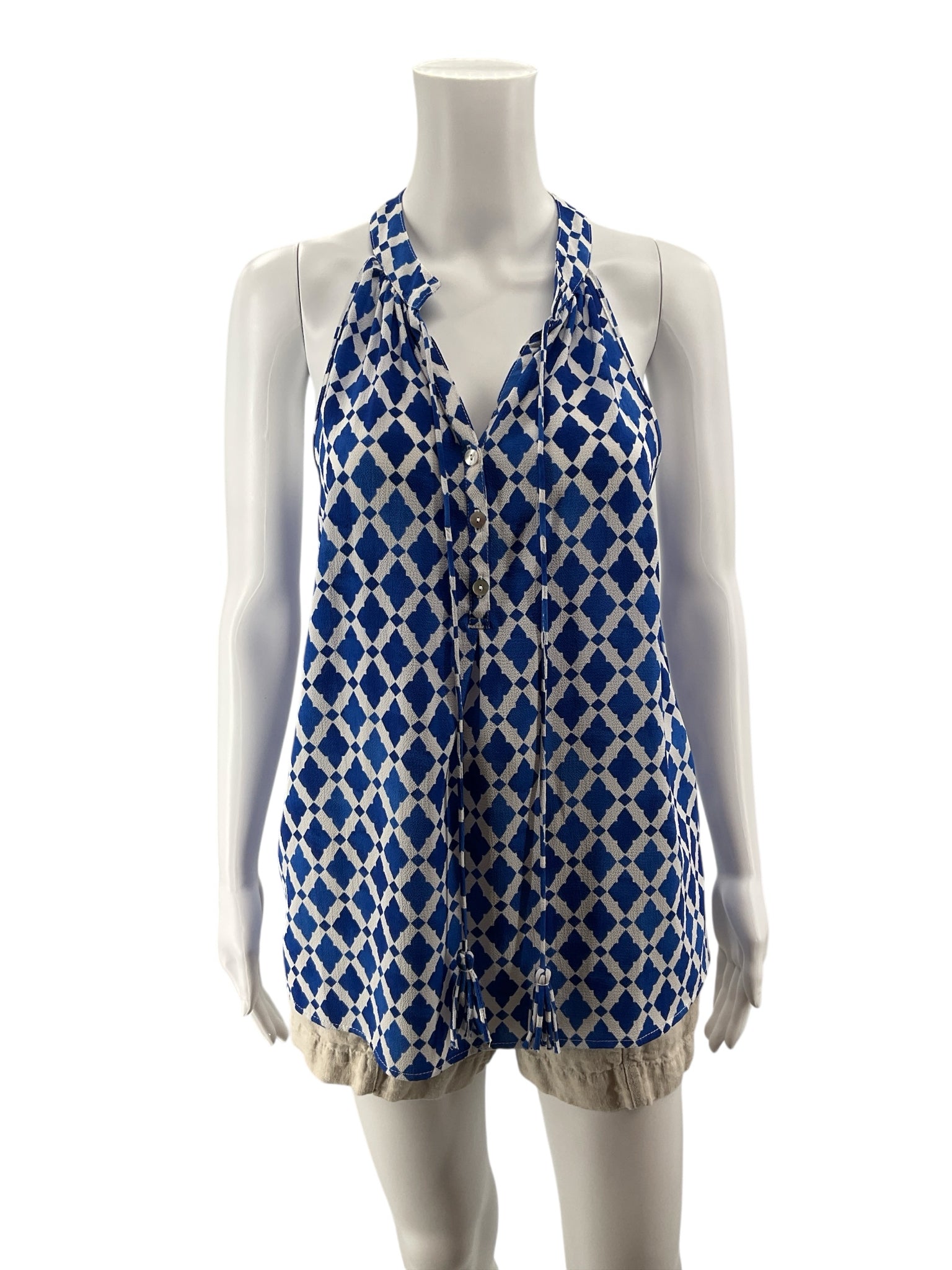 Mud Pie Mahalaya Halter Tunic Top Blue White Geometric Print Tassel Small