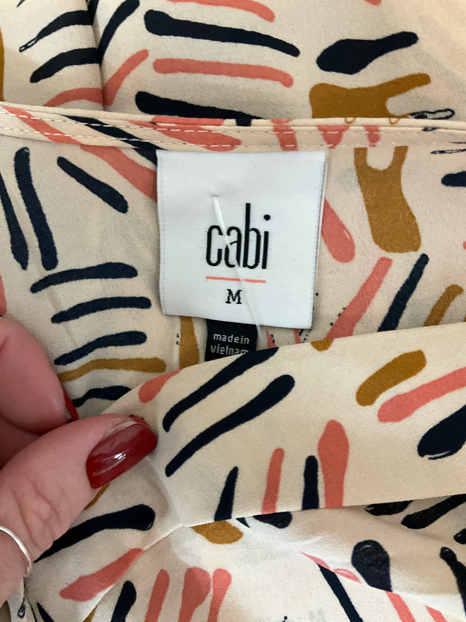 cabi tan/navy/pink Long Sleeve Brushstroke Blouse Faux Wrap V-Neck Top Tan Pink Navy Size M Style 4162 - Size M