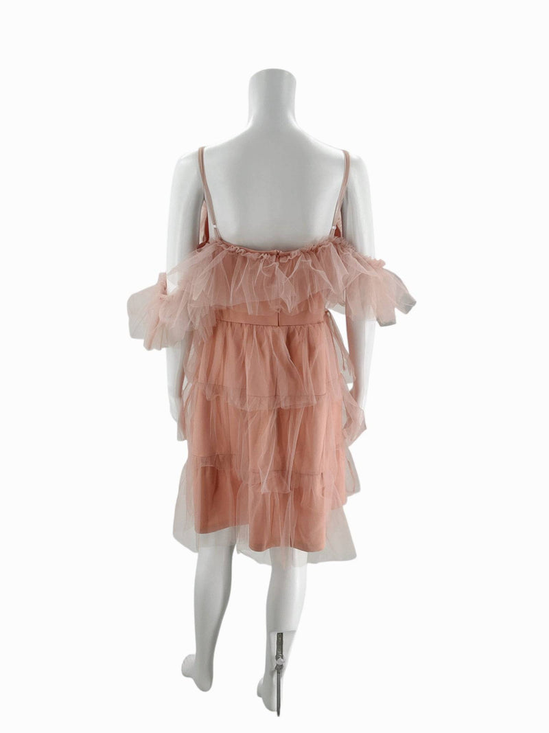 Back view of Simplee Dress Size Large in pink mesh with tiered ruffles and spaghetti straps, sold by Margaret’s Fine Consignments.