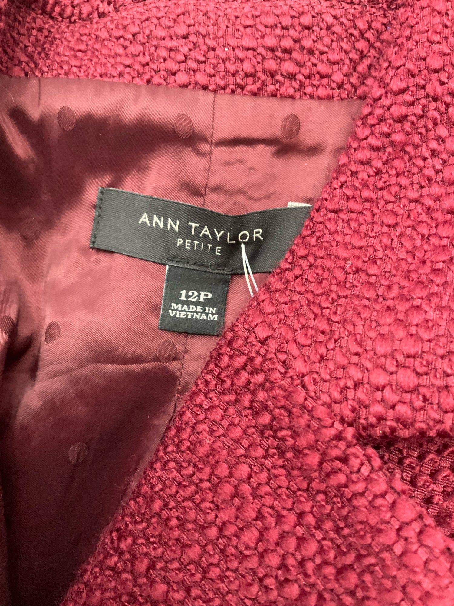 Ann Taylor Maroon Solid Pre-Owned Ladies Jacket - Size 12 Petite - Margaret’s Fine Consignment