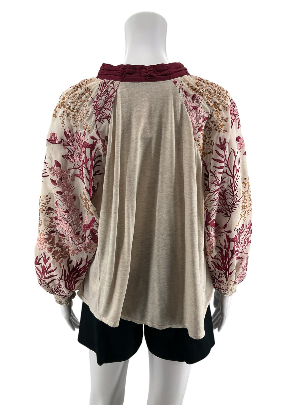Tiny Anthropologie Embroidered Sleeve Boho Peasant Top Tan Maroon Size Large - ONLINE ONLY