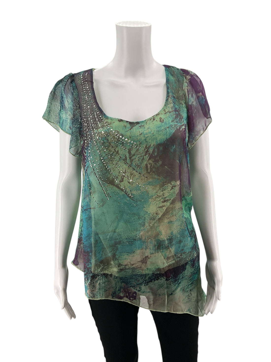 Live andLet Live Green/Purple Pre-Owned Ladies Top - Size Large Petite - Margaret’s Fine Consignment