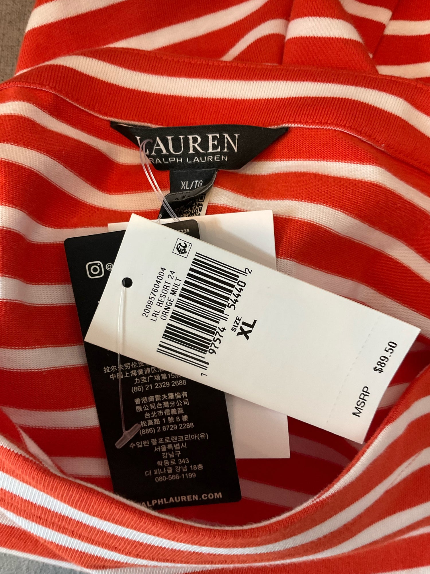 Ralph Lauren Size XL Orange/White Striped Cotton-Blend Boatneck Top