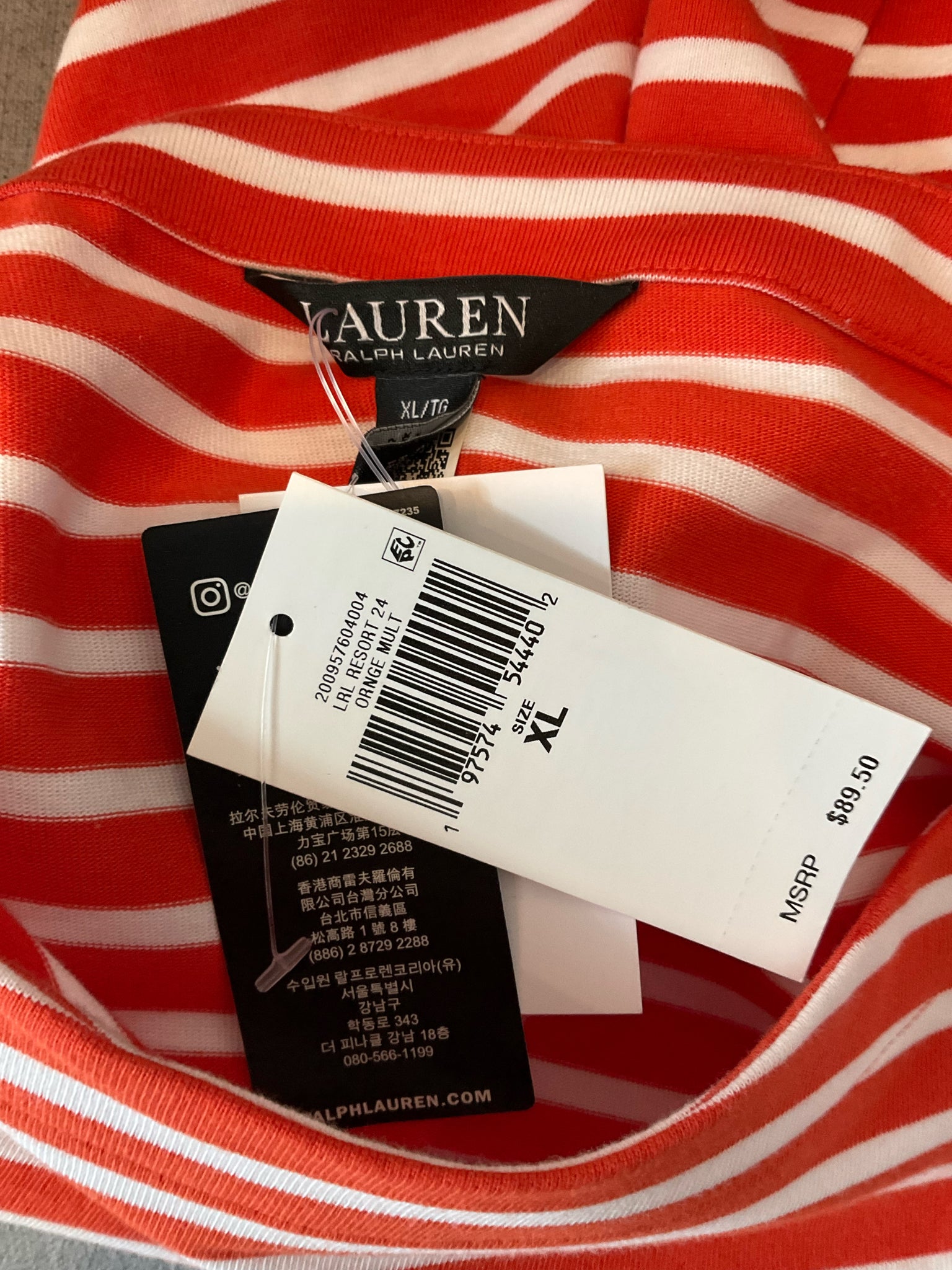 Ralph Lauren Size XL Orange/White Striped Cotton-Blend Boatneck Top