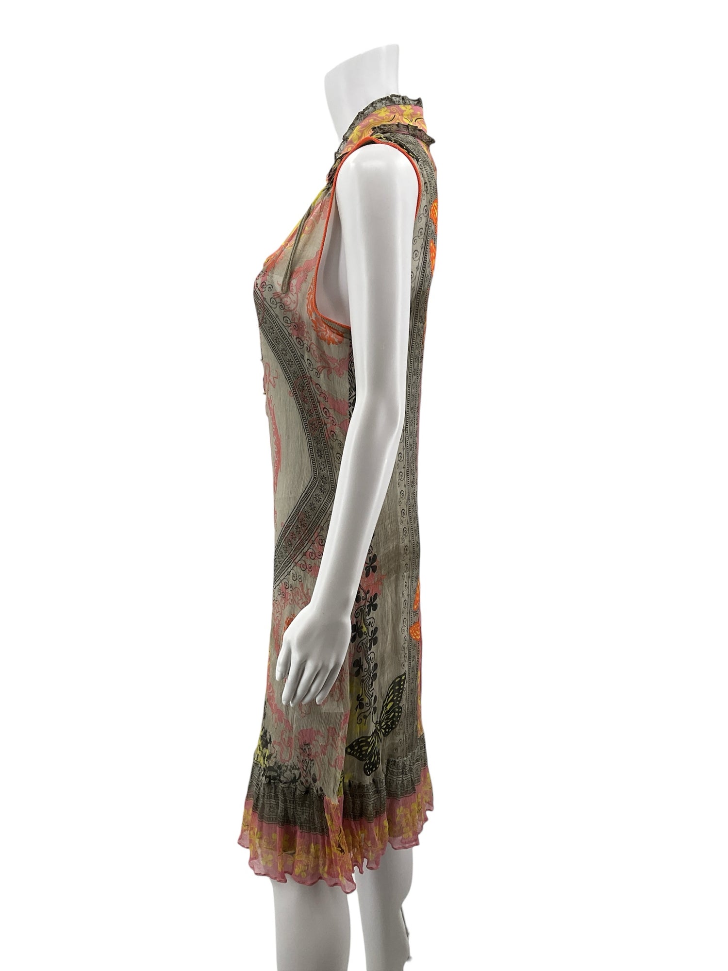 Tricot Chic gray/coral/yellow Shift Italian Silk-Blend Butterfly &amp; Baroque Print Ruffle Dress Size 10 - Size 10
