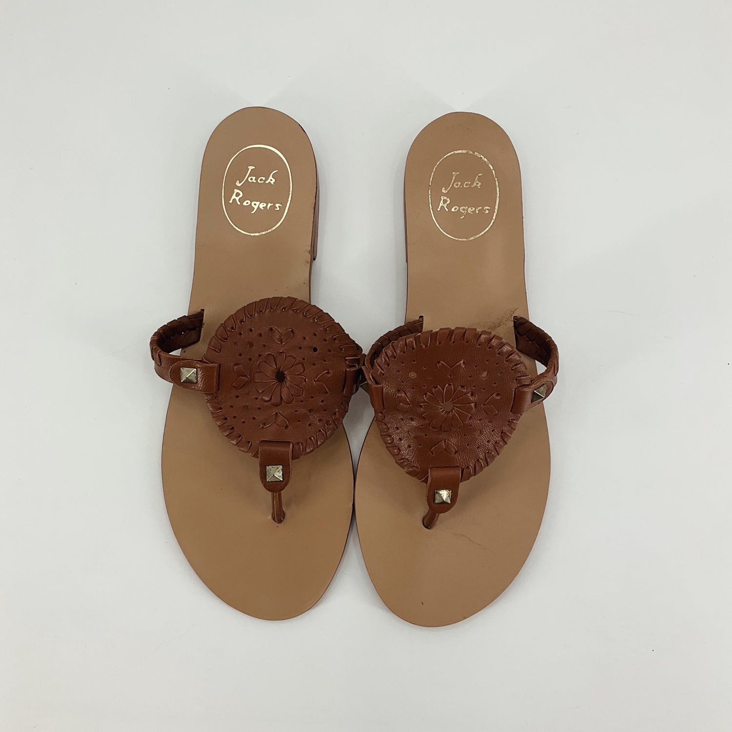 Jack Rogers Jacks Flat Leather Sandal Tan Whipstitch Size 7