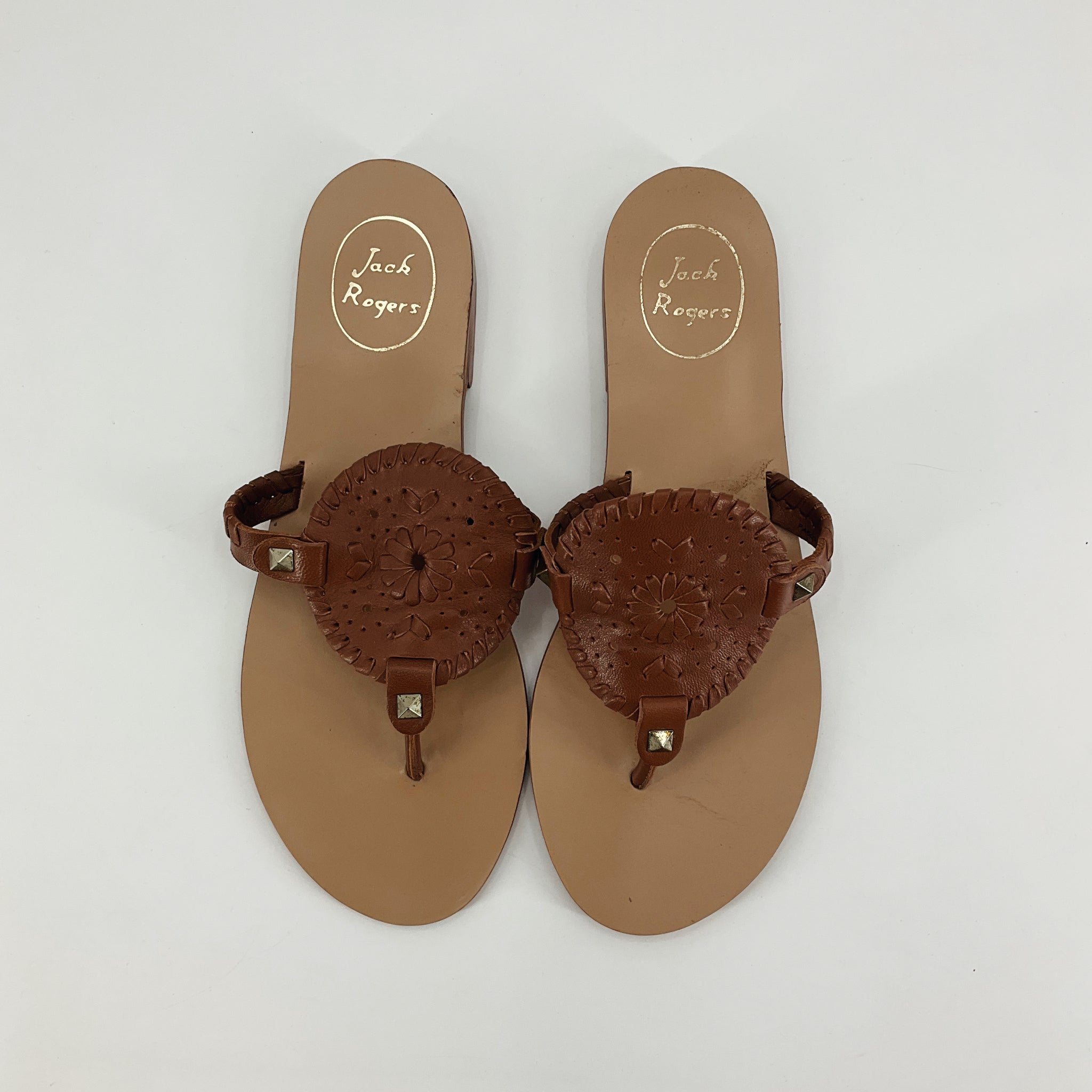 Jack Rogers Jacks Flat Leather Sandal Tan Whipstitch Size 7