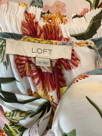 LOFT White/multi Long Sleeve Floral Smocked Tie-Neck Peplum Blouse Size Medium - Size M