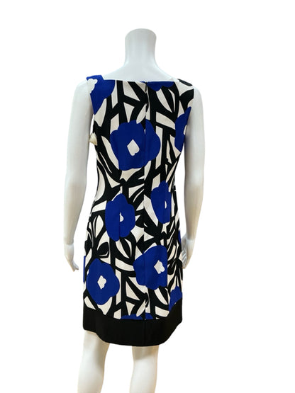 AB Studio Blue/white/black Shift, A-Line, Sleeveless, Scoop Neck, Colorblock, Knee Length Size 6 Blue/white/black Print Pre-Owned Ladies Dress - Size 6