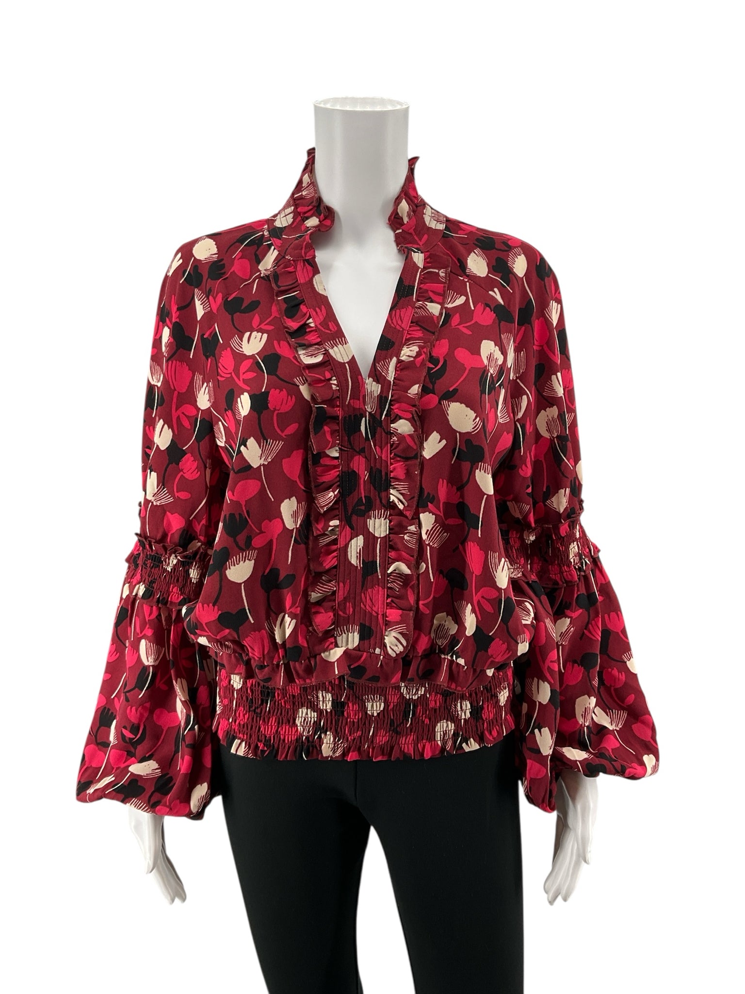 cabi maroon Long Sleeve Ruffle Blouse Floral Smocked Long Sleeve Top Maroon Size S - Size S