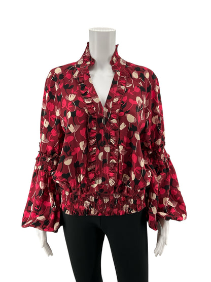 cabi maroon Long Sleeve Ruffle Blouse Floral Smocked Long Sleeve Top Maroon Size S - Size S