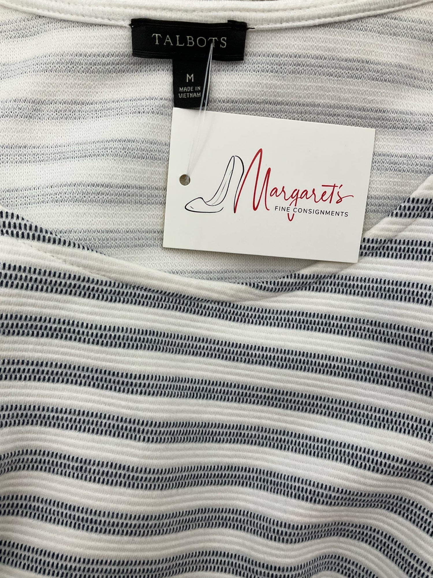 Talbots white and navy stripe pre-owned ladies top in medium, featuring balloon sleeves and a boatneck design.