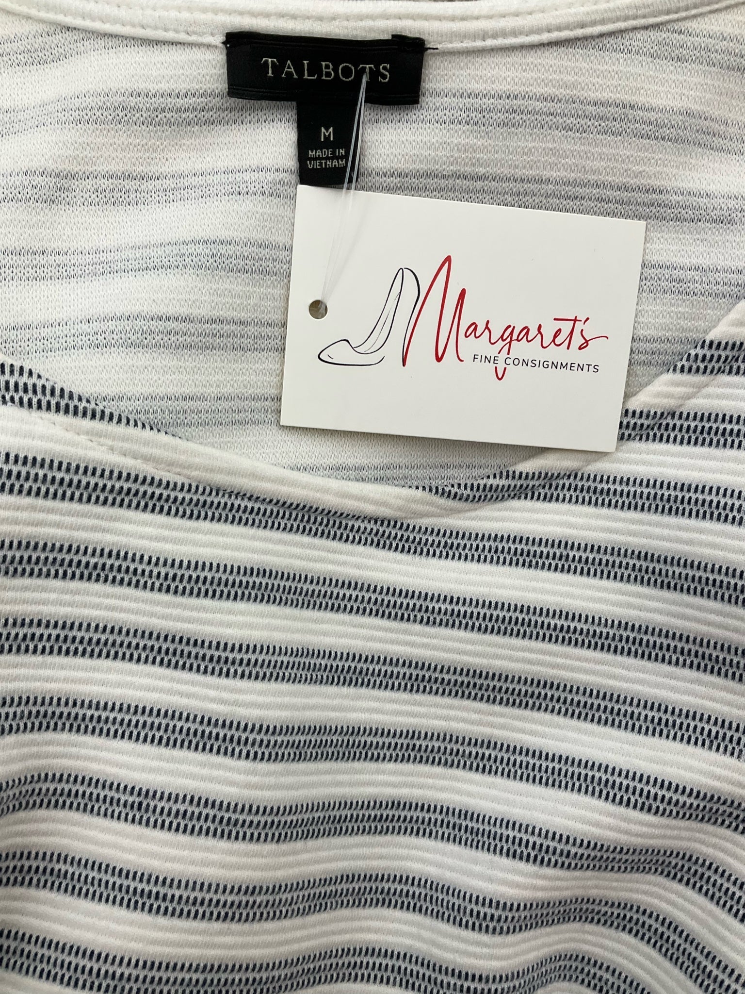 Talbots white and navy stripe pre-owned ladies top in medium, featuring balloon sleeves and a boatneck design.
