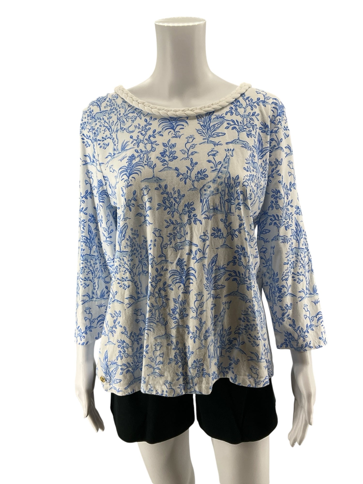 Lilly Pulitzer Marlowe Top XL Toile Me About It Giraffe Print Braided Neckline