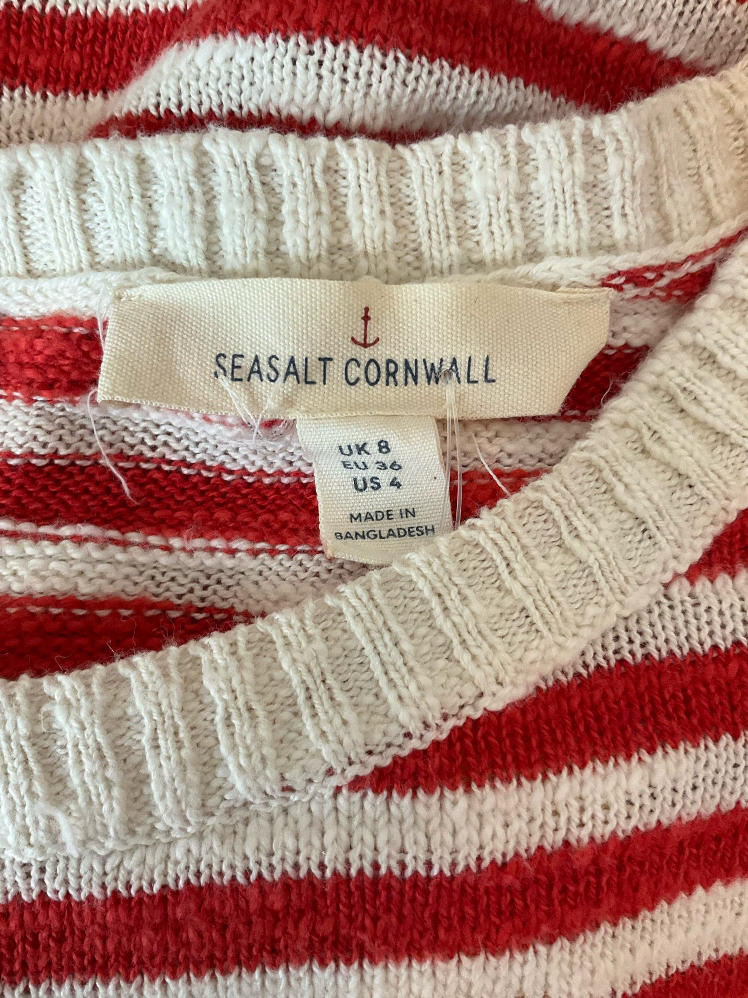 Seasalt Cornwall red/white 3/4 Sleeve Knavock Jumper Organic Cotton Linen Breton Stripe Sweater US 4 - Size 4