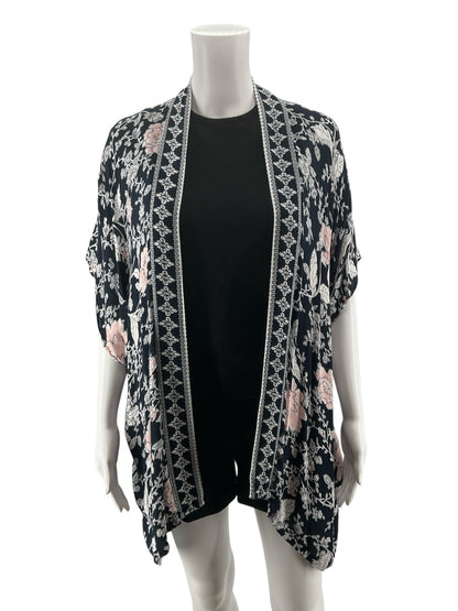 LOFT Floral Kimono Shrug Open Front Cardigan Navy Pink XS/S