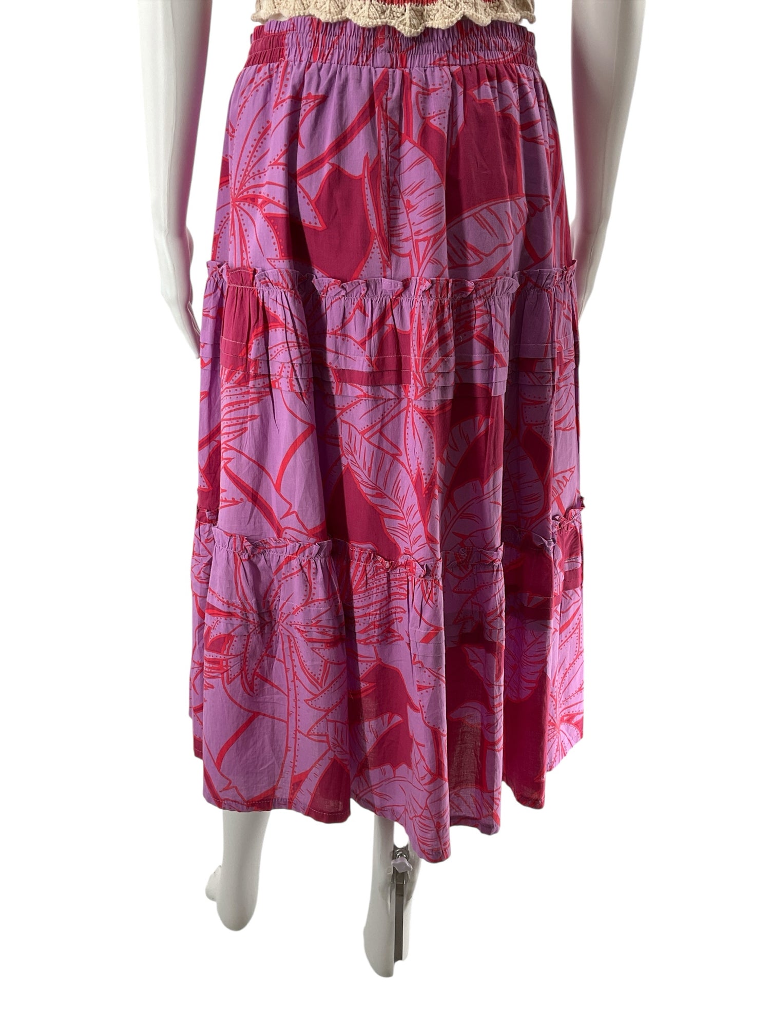 Pinch Tiered Tropical Leaf Print Cotton Maxi Skirt Size Large
