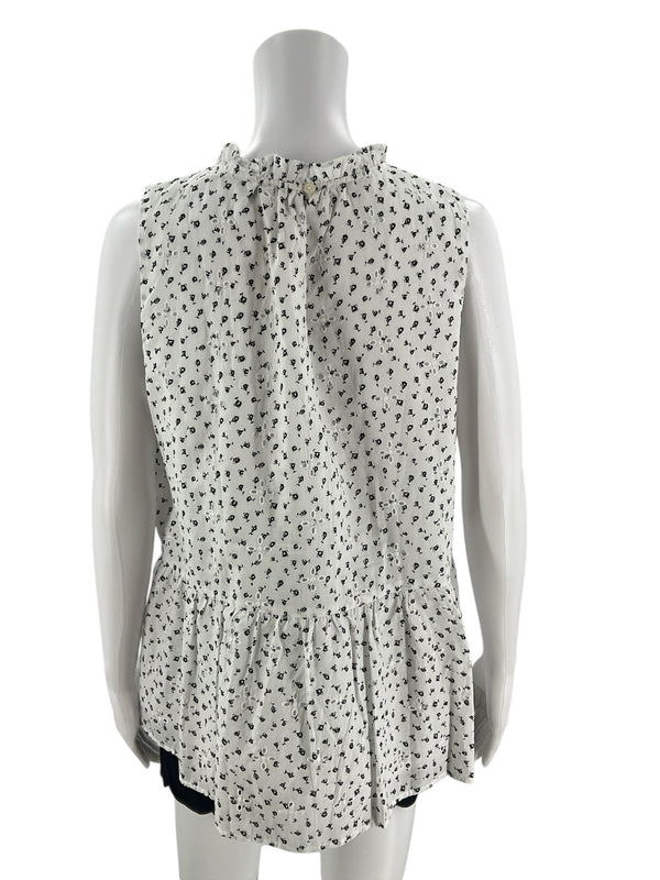 Back view of Loft White/Black Top | Pre-Owned Size Large featuring keyhole button closure and peplum hem for a flattering silhouette.
