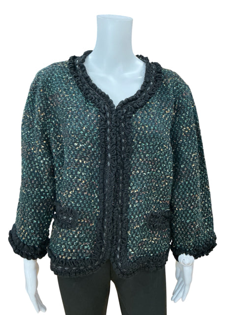 St. John Couture Green/Black Jacket Emerald Green Tweed Jacket Rosette Detail Size 16 NWT - Emerald Tweed Knit Jacket with Rosette Pockets - Size 16