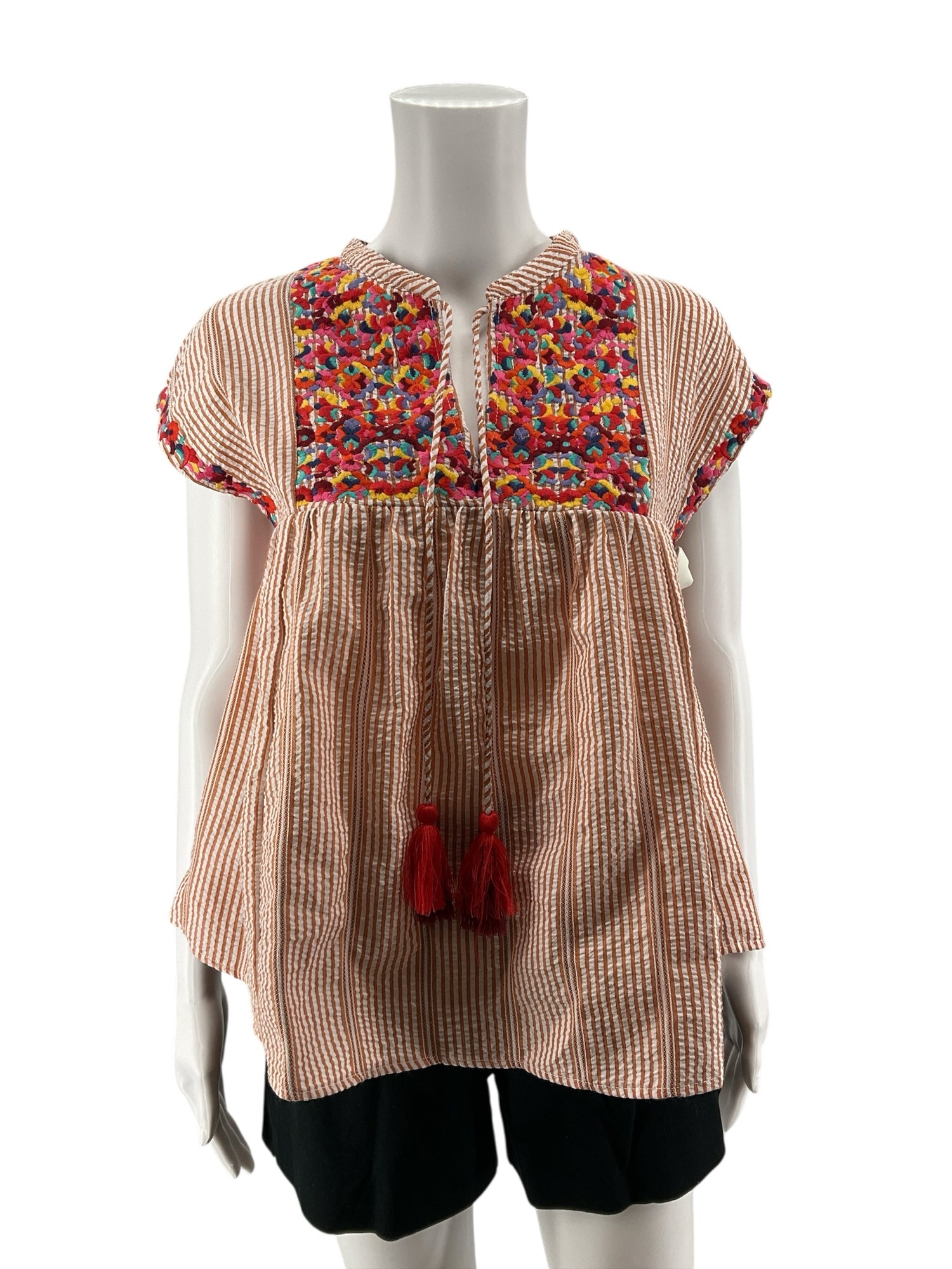 THML Striped Embroidered Tassel Tie Boho Peasant Top Size XS