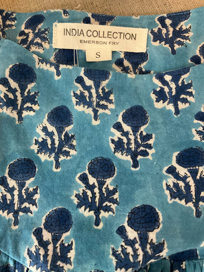 Emerson Fry blues/white Short Sleeve India Collection Blue Floral Block Print Organic Cotton Top Small - Size S