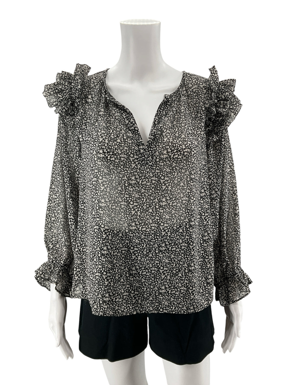 Grade &amp; Gather Floral Ruffle Sleeve Blouse Black White Top Size Small - ONLINE ONLY