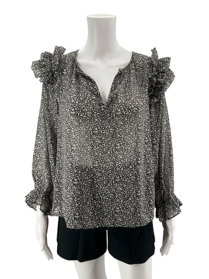 Grade &amp; Gather Floral Ruffle Sleeve Blouse Black White Top Size Small - ONLINE ONLY