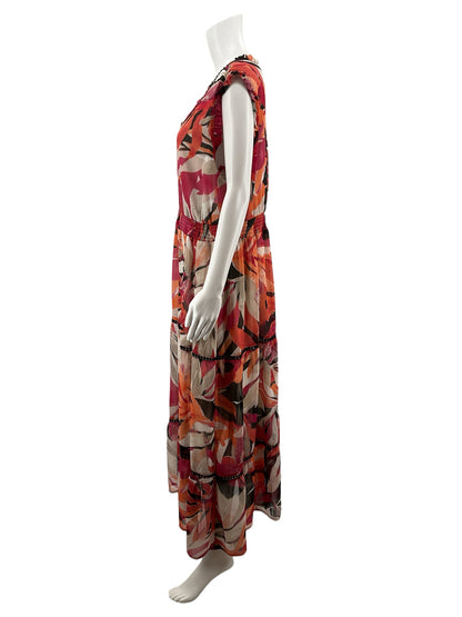 John Paul Richard tan/coral/pink Maxi Tropical Floral Ruffle Trim Maxi Dress Size Large - Size L