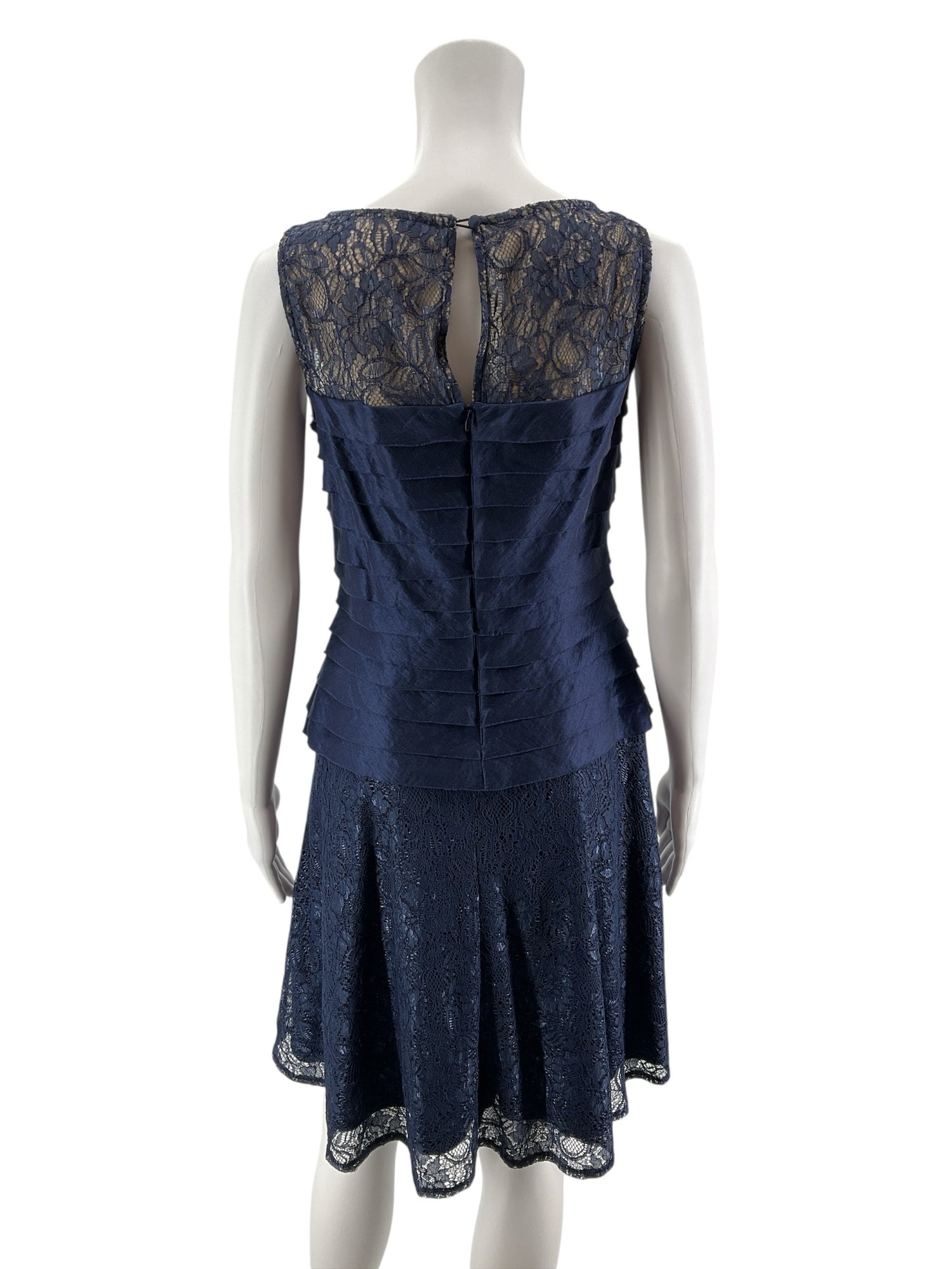 London Times Navy Blue Lace Tiered Illusion Yoke Cocktail Dress Size 4 - ONLINE ONLY